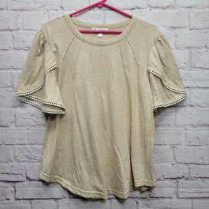 Stem & Vine Beige Ruffle Pompom Sleeve Top Womens 2X Stretch Boho Cozy Cleangirl